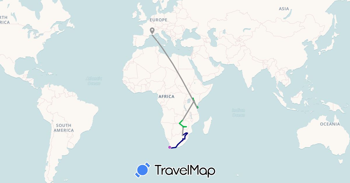 TravelMap itinerary: driving, bus, plane, train, boat in France, Kenya, Lesotho, Tanzania, South Africa, Zambia, Zimbabwe (Africa, Europe)
